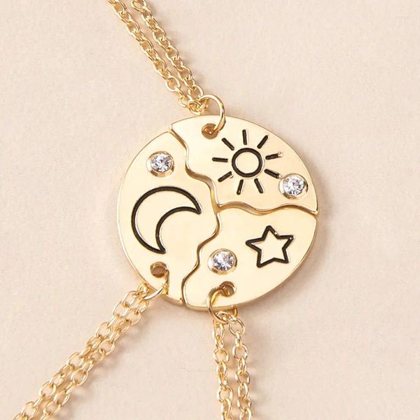 Pendentif Colliers 3 pièces / ensemble collier de puzzle rond mignon soleil lune étoile strass pour amis soeurs frères cadeau