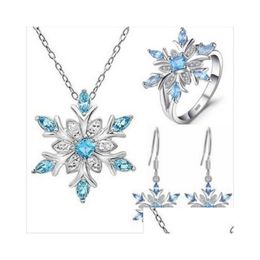 Pendentif Colliers 3 pièces / ensemble à la mode océan bleu flocon de neige ensemble femmes filles bague collier bijoux pour accessoires de fête de noël goutte de dhsmc