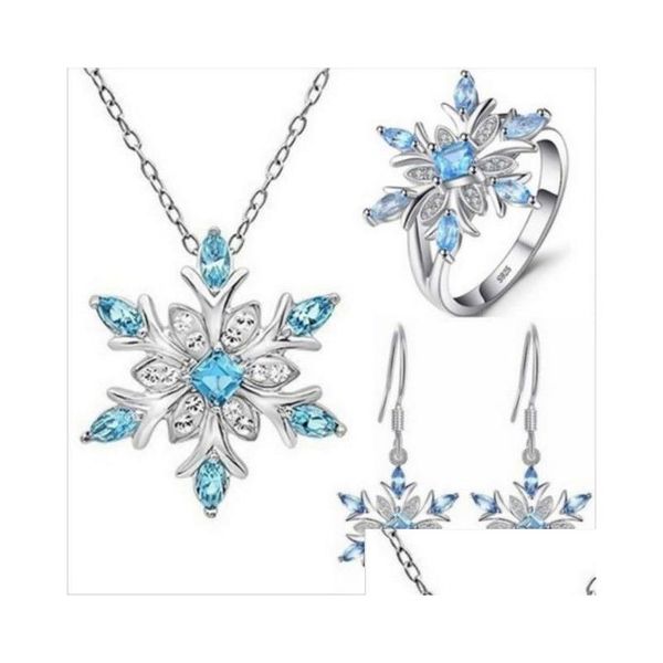 Collares colgantes 3 PCS / Set Trendy Ocean Blue Snowflake Set Mujeres Niñas Anillo Collar Joyería para accesorios de fiesta de Navidad Drop de DHSMC