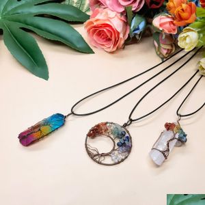 Pendentif Colliers 3 Pièces Arbre Vie Pendentif Cristal De Quartz Collier Chakra Pierre Précieuse Cuivre Sier Fil Wrap Drop Livraison Bijoux Nec Dhxno