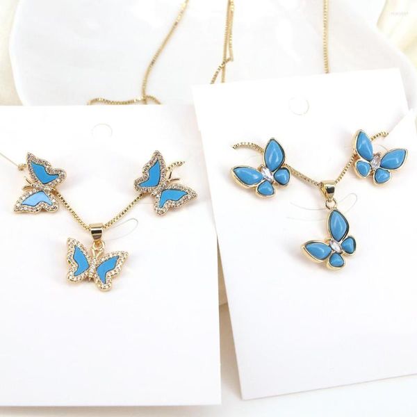 Pendentif Colliers 3 Ensembles Bleu Papillon Cuivre Collier Boucle D'oreille Ensemble Or Mode Pour Femmes Howlite Pierre Charme Collier Bijoux