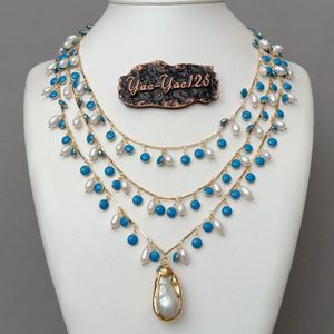 Colliers pendentif 3 brins 19 '' Collier de chaîne en émail bleu perle de riz blanc d'eau douce Keshi 230928