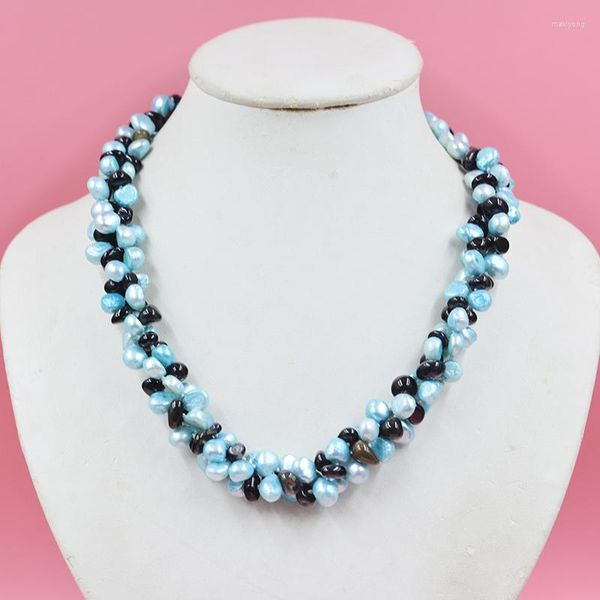 Collares pendientes Collar de piedra negra de perlas barrocas naturales azules de 3 hebras de 9 mm. Joyería de boda de lujo para mujeres europeas 19