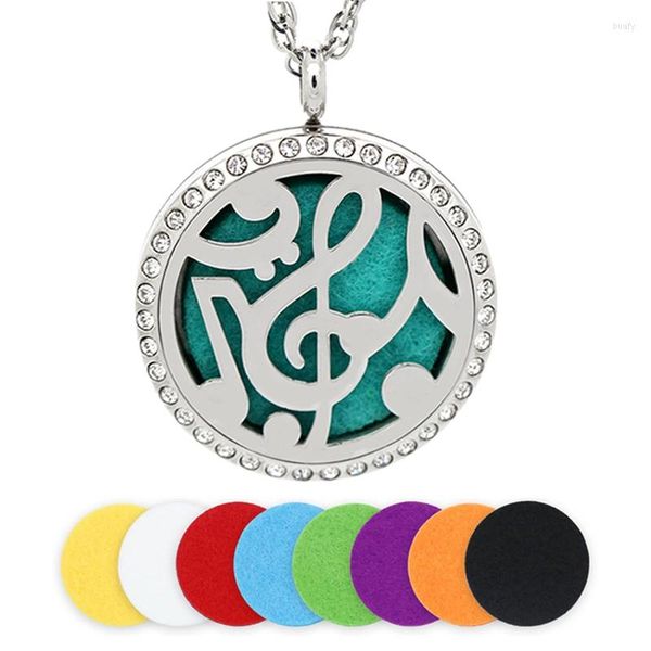 Pendentif Colliers 30 MM Argent Note De Musique En Acier Inoxydable Huile Essentielle Médaillon Collier Diffuseur Avec Cristaux