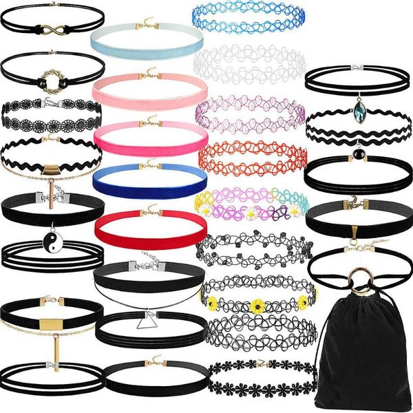 Collares colgantes 30 piezas Gargantilla Conjunto de collar Terciopelo elástico Clásico Tatuaje gótico Encaje S Promoción Moda Creativa