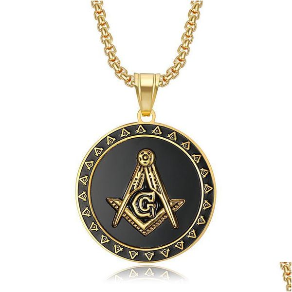 Pendentif Colliers 316 Acier inoxydable Mason Collier maçonnique Sier Or Noir Rond en forme d'association fraternelle Fraternité Charme Drop Dhoh4