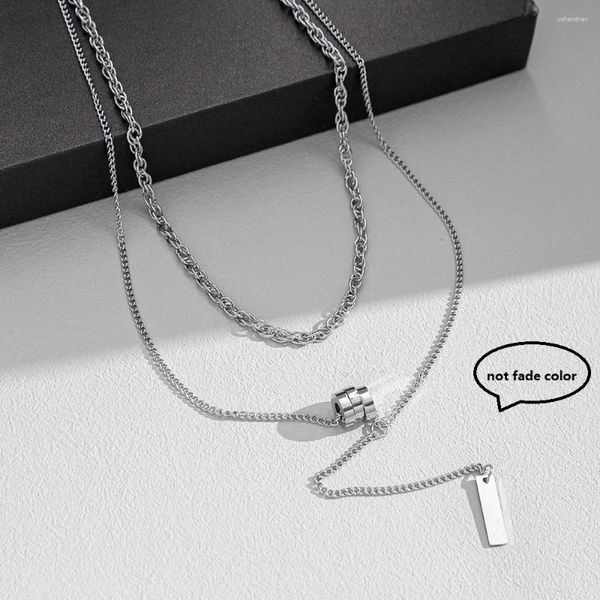 Collares pendientes Collar de doble capa de acero inoxidable 316L para mujeres Hombres Cuadrado Color plata Titanio Joyería Regalos