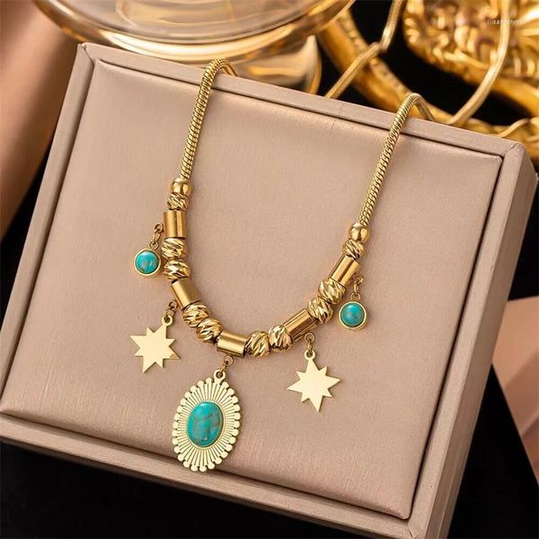 Collares colgantes 316L Acero inoxidable Moda Joyería Fina Rebordear Piedra Oval Estrella Charm Cadena Gargantilla Collar para Mujeres