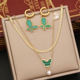 Pendentif Colliers En Acier Inoxydable 316L Vert Blanc Double Papillon Collier Pour Femmes Mode Filles 2in1 Chaîne Ensemble De Bijoux Cadeaux De Fête