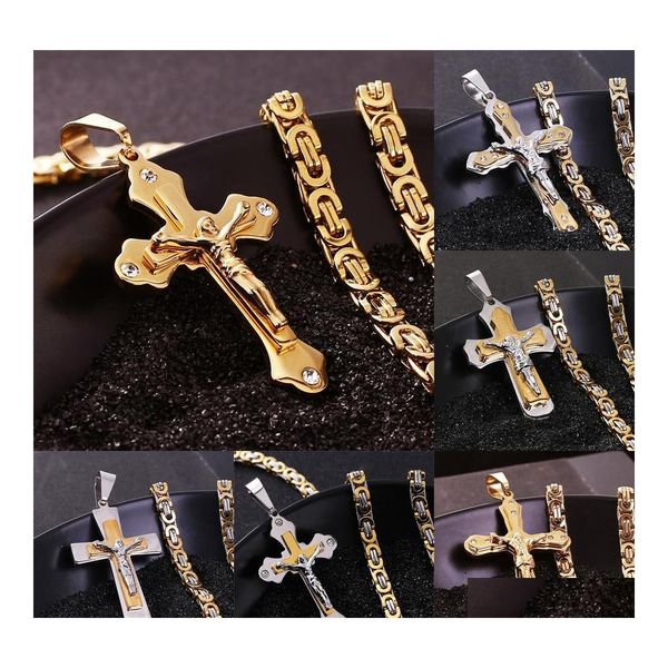 Collares pendientes 316L Acero inoxidable para hombre Cruz Mtilayer Christian Jesus Crucifijo Cadena de motorista para hombre S Moda Hip Hop Joyería D Otug7