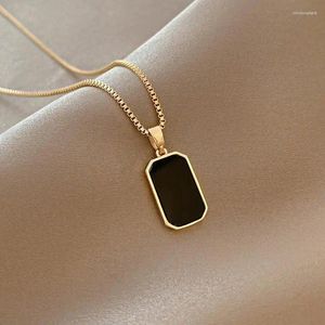 Pendentif Colliers 316L Acier inoxydable Minimaliste Rectangulaire Coréen Noir Epoxy Femmes Collier Couleur Or Exquis Long Bijoux Cadeau