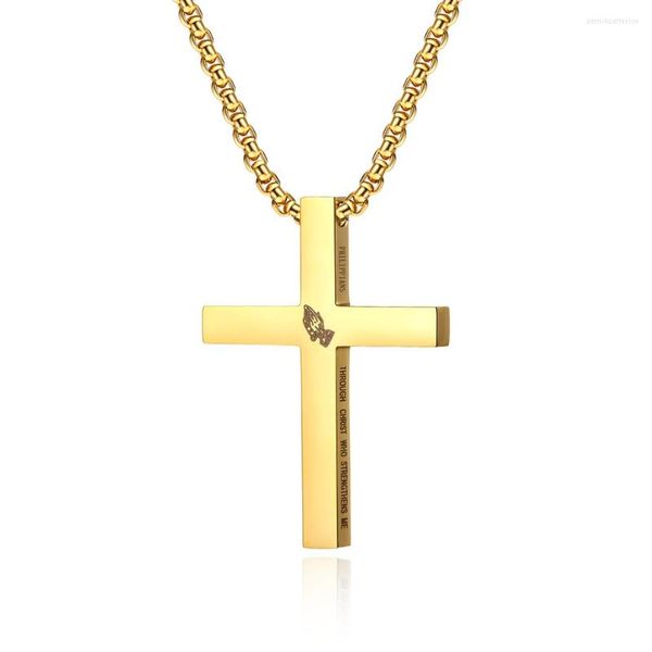 Pendentif Colliers En Acier Inoxydable 316L Prier Mains Croix Collier Pour Hommes Religion Chrétienne Simple Boîte À Bijoux Chaîne Mâle Cadeau