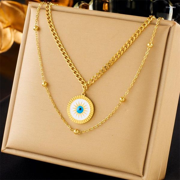 Pendentif Colliers En Acier Inoxydable 316L Rond Sun Eye Collier Pour Femmes Fille Rétro 2in1 Chaînes Ras Du Cou Bijoux Cadeau Partie Colar