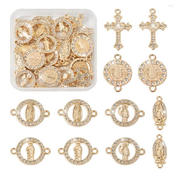 Pendentif Colliers 36pcs Alliage Religion Pendentifs Cros Plat Rond Connecteur Charmes Avec Cristal Strass Pour Collier Fabrication De Bijoux