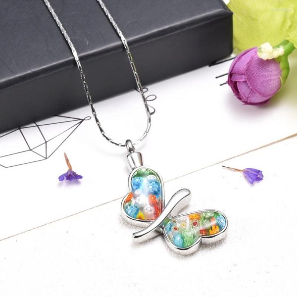 Pendentif Colliers 38mm Millefiori Verre Beau Papillon Urne Collier Pour Cendres Crémation Bijoux Charmes Femmes Fille CMJ8117