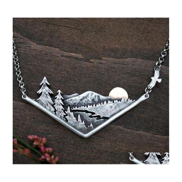 Collares colgantes Cordillera 3D Valle del río Collar de puesta de sol Montañas Joyería Regalo para la naturaleza Aventura Amantes al aire libre Drop Del Dhxpd