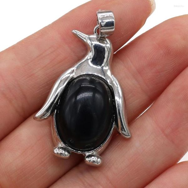 Pendentif Colliers 3D Pingouin Pierre Naturelle Améthyste Agate Métal Alliage Fabrication de Bijoux DIY Collier Accessoires Cadeau 24x34mm