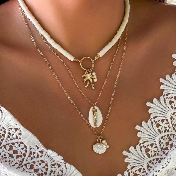 Collares colgantes 3 unid / set Boho White Conch Shell Zircon Collar para mujeres Color oro Cadena de metal Polímero Arcilla Coco Árbol Gargantilla Playa