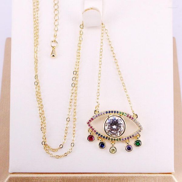 Collares colgantes 3 unids joyería piedras coloridas collar de borla de ojo para mujeres circonio micro pave cz arco iris serie