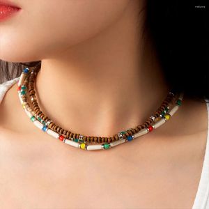 Pendentif Colliers 3pcs / lot Bohême Vintage Perles de bois Collier pour femmes Trois couches Coloré Chaîne ronde Ensemble Bijoux d'été