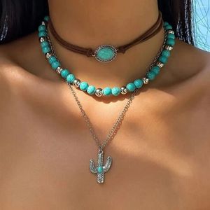 Colliers pendants 3pcs / Set Bohemian Cactus Collier pour femmes Retro Retro Blue Natural Stone Per perle Chain Choker Beach Party Neck Jewelry