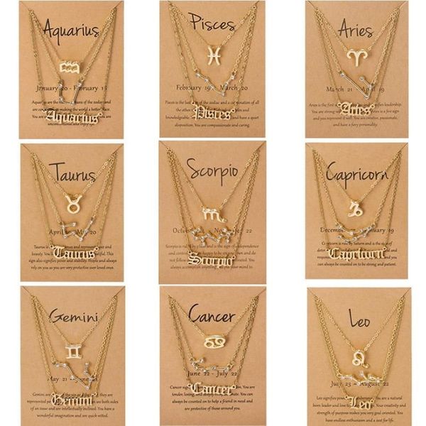 Colliers pendants 3pcs Set Cardboard Star Zodiac Sign 12 Constellation Charm Gold Color Collier Aries Cancer Leo Scorpio JewelryP193D
