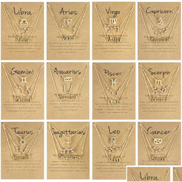 Pendentif Colliers 3pcs / Set Carton Étoile Signe du Zodiaque 12 Constellation Charme Collier En Or Bélier Cancer Lion Scorpion Bijoux Cadeaux Drop Dhld7