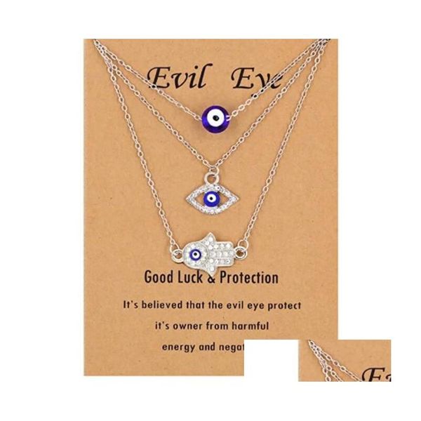 Pendentif Colliers 3Pcs / Set Hamsa Evil Eye Collier Turc Bleu Main Chanceux Protection Bijoux Cadeau Pour Femmes Filles En Gros Drop De Dhs82