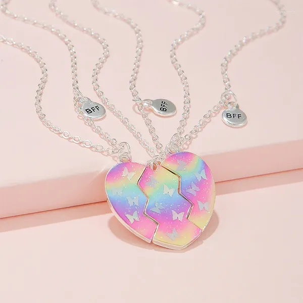 Collares colgantes 3 unids / set Rainbow Butterfly Glitter Peach Heart para 3 niñas Ies Amistad BFF Amigo Joyería Regalos