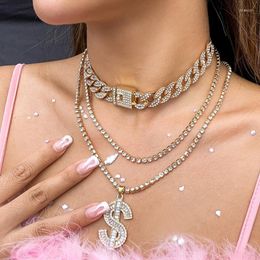 Hangende kettingen 3 stks/set strass Cuban buckle dollar bord ketting sieraden voor vrouwen geschenk kristal verstelbare hiphop choker