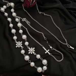 Hanger Kettingen 3 STUKS Vintage Pearl Cross Sleutelbeen Collier Voor Vrouwen Metal Punk Crystal Flower Egirl Choker Y2K Sieraden