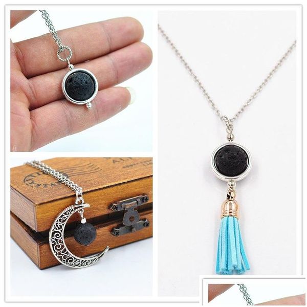 Pendentif Colliers 3Styles 14Mm Pierre De Lave Perle Lune Collier Roche Volcanique Aromathérapie Huile Essentielle Diffuseur Pour Femmes Bijoux Dro Dhknl