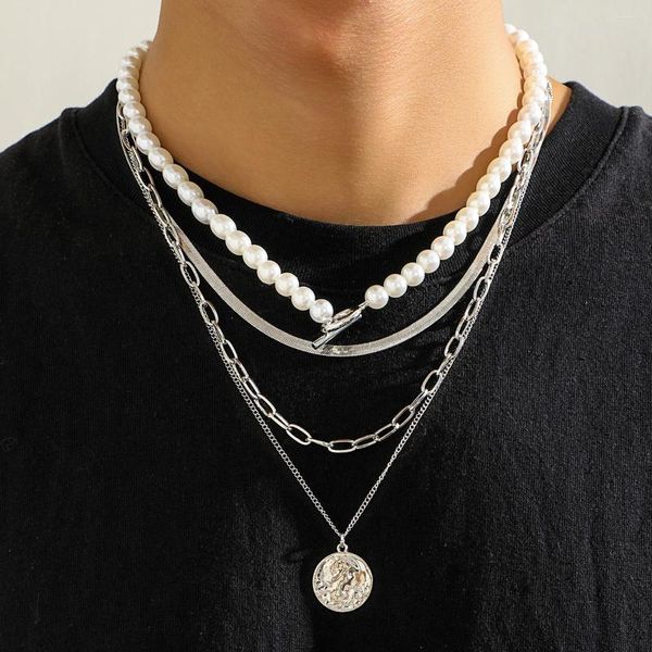 Pendentif Colliers 4 couches chaîne séparable avec collier de pièces pour hommes à la mode perles d'imitation perles ras du cou sur le cou accessoires de mode
