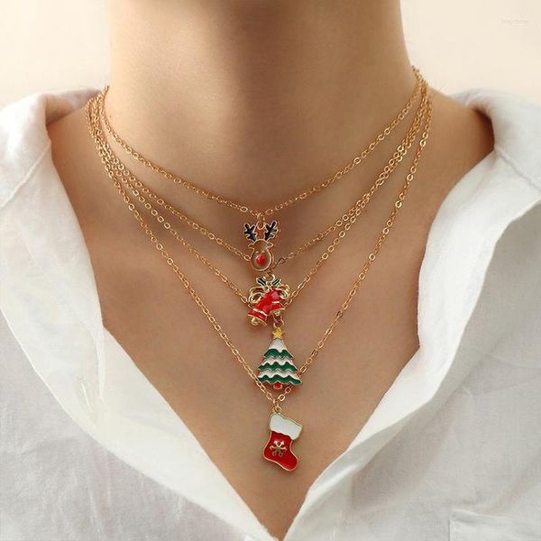 Collares colgantes 4 PCS Esmalte Collar de encanto de Navidad para mujeres en capas Joyería de árbol de campana al por mayor