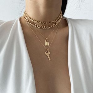 Hanger kettingen 4 laag gouden slver sleutel en vergrendel punk choker handgemaakte gelaagde bar feest bruiloft ketting sieraden voor vrouwelijke tienermeisjes