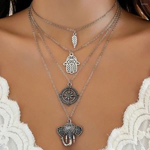 Pendentif Colliers 4pc / Set Boho Ethnique Multicouche Éléphant Palm Plume Collier Femmes Argent Couleur Géométrique Clavicule Foulard Rétro Fête