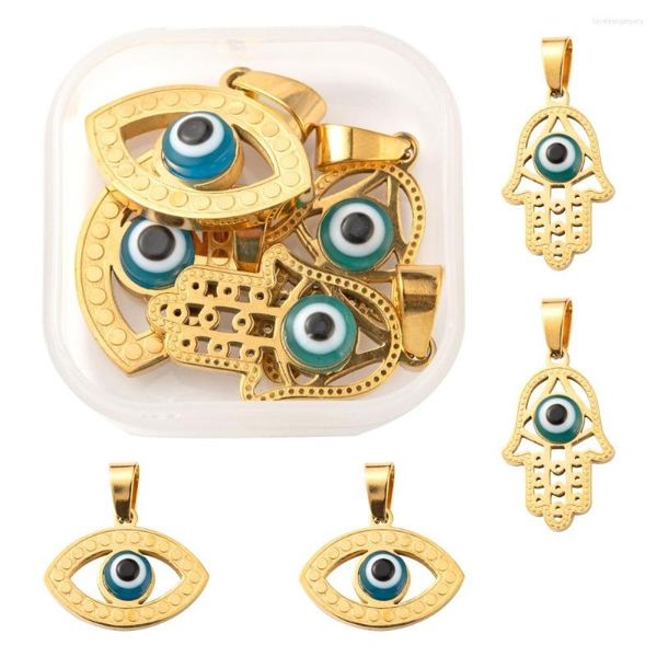 Pendentif Colliers 4 pcs/boîte 304 En Acier Inoxydable Hamsa Main Pendentifs Pour DIY Bracelet Collier De Mode Fabrication de Bijoux Décor Avec Oeil De Verre