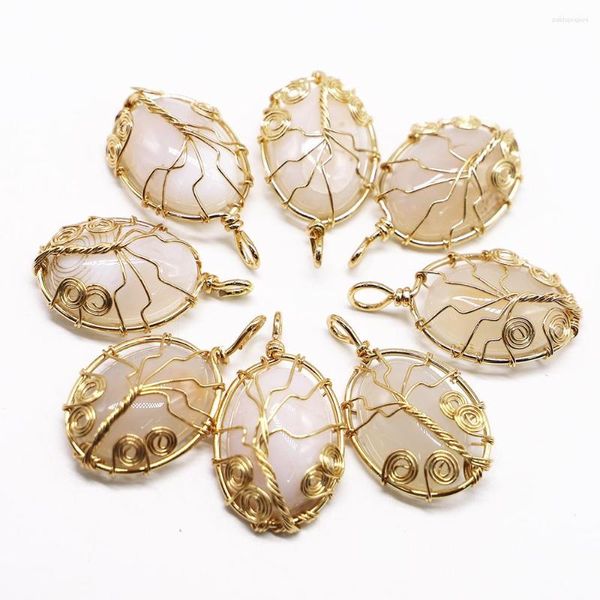 Pendentif Colliers 4pcs / lot Mode Collier En Pierre Naturelle Or Couleur Arbre De Vie Fil Enroulé Forme Reiki Charmes Diy Bijoux En Gros