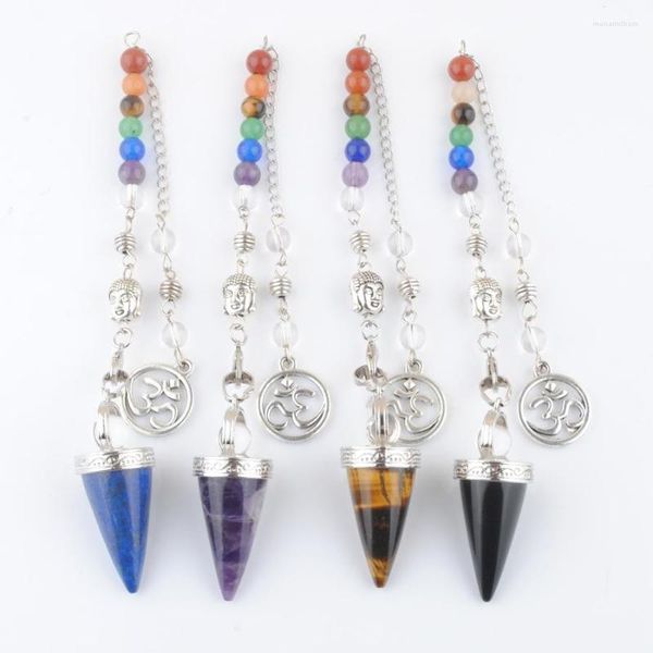 Collares pendientes 4 unids/lote cono de piedra péndulos cristal 3D Buda 7 Chakras cadena Reiki péndulo para radiestesia péndulo Radiestesia Pendulo