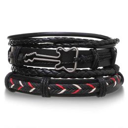 Collares colgantes 4 unids / set pulseras de cuero trenzado para hombres Vintage Life Tree Timón Charm Cuentas de madera Pulsera étnica tribal Pulsera de cuerda L23122