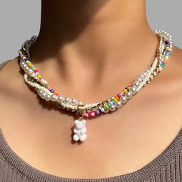 Pendentif Colliers 4pcsset Y2k multicouche coloré ours gommeux perle collier de perles pour les femmes cristal arc-en-ciel perles de rocaille colliers ras du cou bijoux Z0417