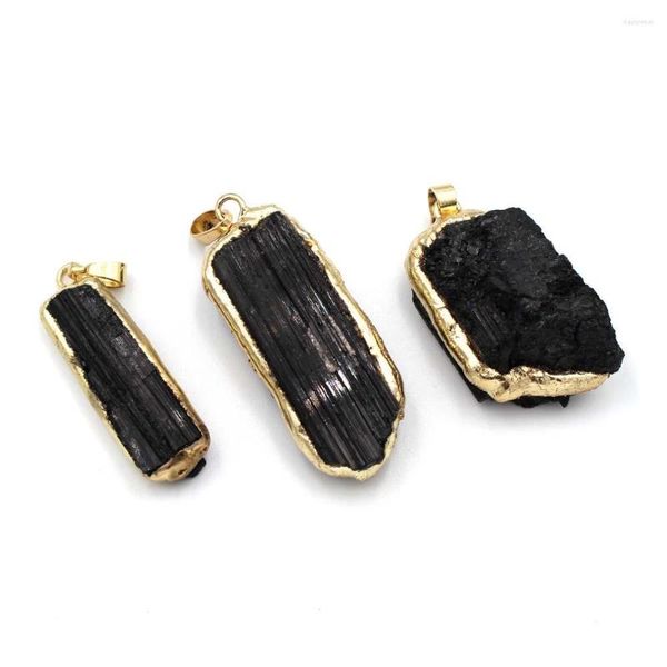 Colgantes de piedra de turmalina negra Natural Irregular, 5 uds., dijes, chapados en oro, mineral crudo, curación de energía, venta al por mayor