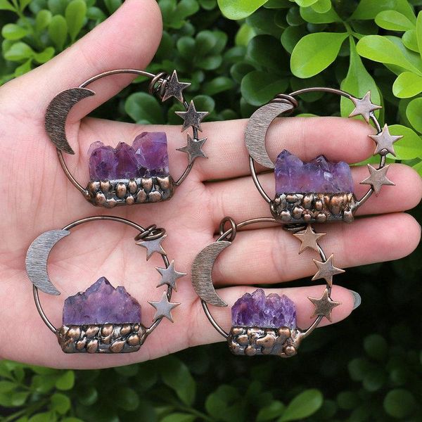 Pendentif Colliers 5 Pcs Lune Étoiles Forme Bronze Soudé Améthystes Tranche Cristal Vintage Collier DIY Boho Bijoux Pierre PendentifPendentif