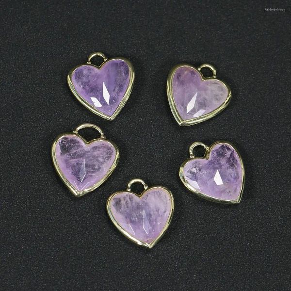 Pendentif Colliers 5pcs Naturel Violet Améthyste Quartz Facettes Coeurs Forme Charmes Pour Collier Boucles D'oreilles Bijoux Fabrication DIY