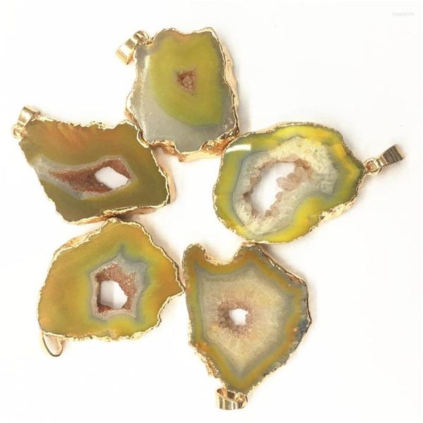 Pendentif Colliers 5 PCS Pierre Naturelle Brésilien Électrolytique Bord Tranche Ouvert Jaune Agates Geode Drusy Druzys Pour Collier Fabrication De Bijoux