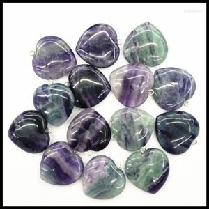 Pendentif Colliers 5pcs Nature Flourite Pierre Pendentifs Forme de coeur Taille 25mm Gem avec fermoir en argent Couleur pourpre DIY Perle