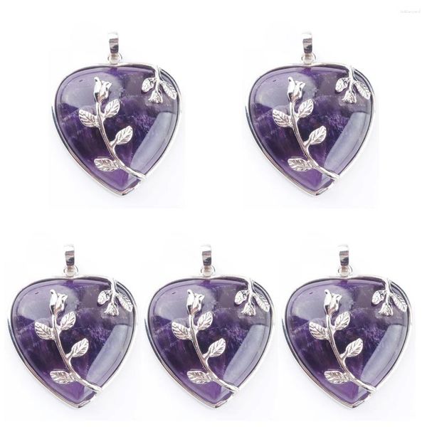 Colliers pendants 5pcs violets amethyst Stone Heart romantique amour fleur bonne chance