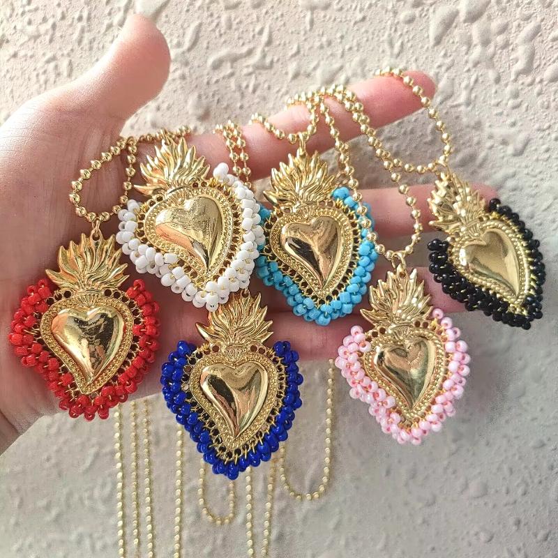 Pendentif Colliers 5pcs Vintage coloré perles de rocaille coeur collier filles Boho femmes boule tour de cou bijoux pour fête cadeau de mariage