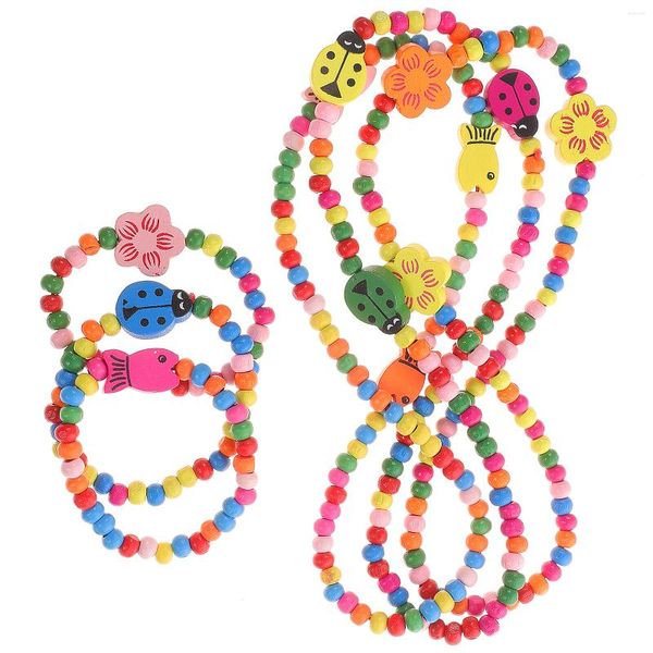 Collares pendientes 6 piezas Pulsera de madera Juegos de joyas para niños Pulseras para niños Collar Cuentas de bambú