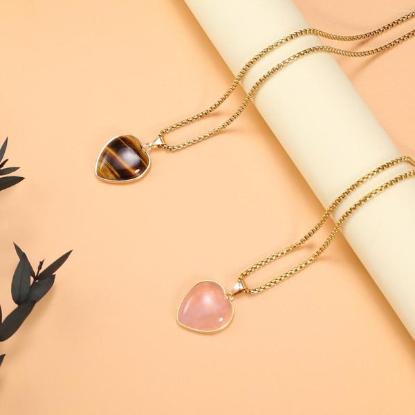 Pendentif Colliers 60cm Naturel Rose Quartz Collier Coeur Forme Oeil De Tigre Pierre Charmes Pour Faire DIY Jewerly Cadeau De Fête